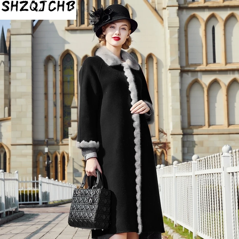 

JCHB 2021 Wool Coat Women Double Side Jacket Real Mink Fur Collar Spring Autumn Windbreaker Women Abrigos Mujer Invierno 89568