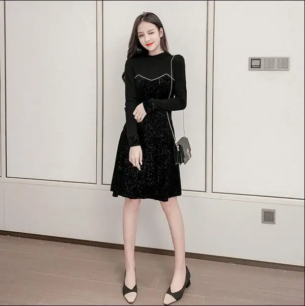 

2019 Autumn Winter French Retro Patchwork Long Sleeve A Line Slim Dress Women Black Party Bodycon Dresses Vestidos
