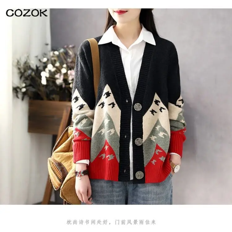 

Женский винтажный кардиган с вышивкой, теплый трикотажный кардиган с карманами