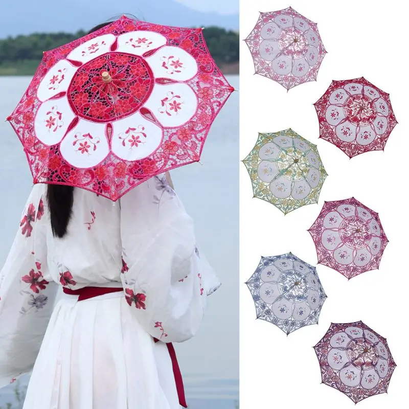 

Embroidered Lace Parasol Wedding Umbrella Handmade Vintage Party Wedding Bridal Lace Parasol Umbrella Fan decorative umbrella