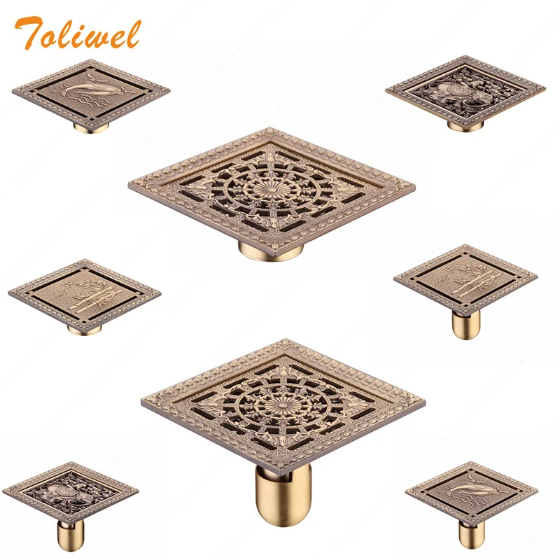 shower drains 1212cm square bath drains strainer hair antique brass art carved bathroom floor drain waste grate drain 3782151a free global shipping