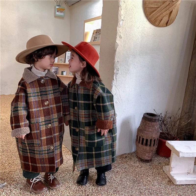 

9565J Children Coat Winter New Double-sided Thickened Tweed Coat Girls Plus Velvet Long Plaid Coat Boy's Windbreaker Coat