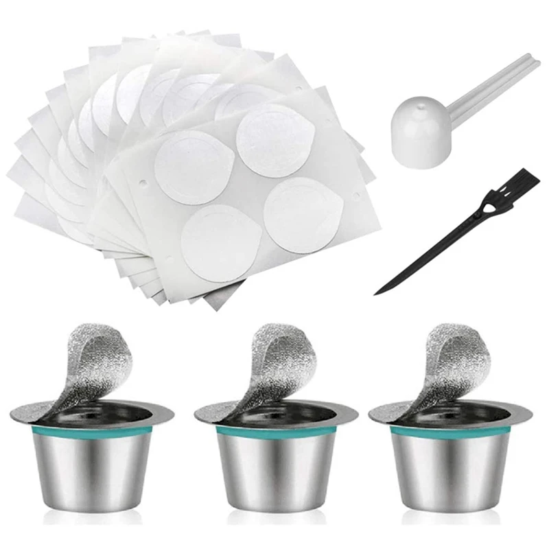 

3PCS Stainless Steel Refillable Coffee Capsules Pods And 100PCS Foil Lids, Reusable Coffee Filter For Nespresso