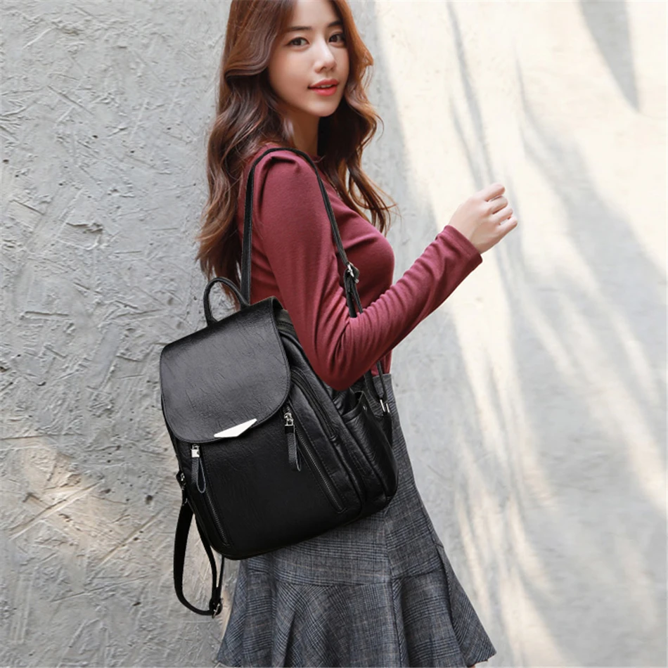 Винтажные женские рюкзаки из мягкой кожи Дамский рюкзак большая вместительность