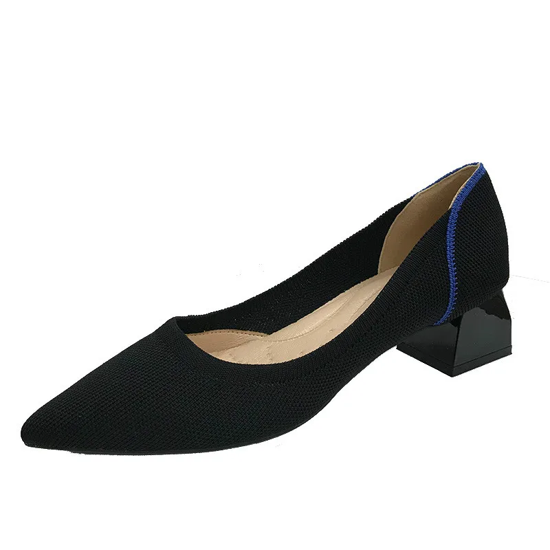

Autumn Fashion Stretchy Knit Fabric Heels Pumps Shoes Pointed Toe Square Printing Heel Slip Lady Office Casual Work Shoes T
