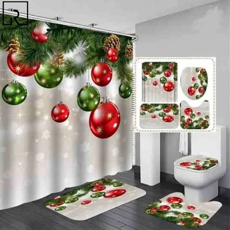 Fancy Christmas Shower Curtain Set Red Bathroom Curtains Festival Home Decoration Soft Flannel Bath Mat Rugs Anti-slip Carpet