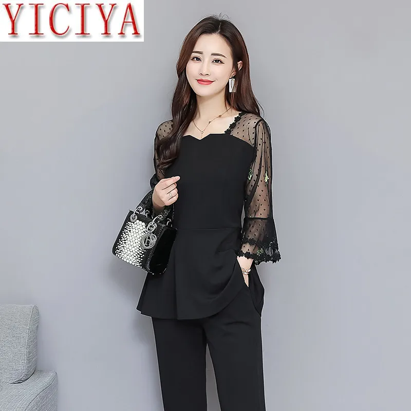 Женский комплект из двух предметов размера плюс с вышивкой весна лето черный топ