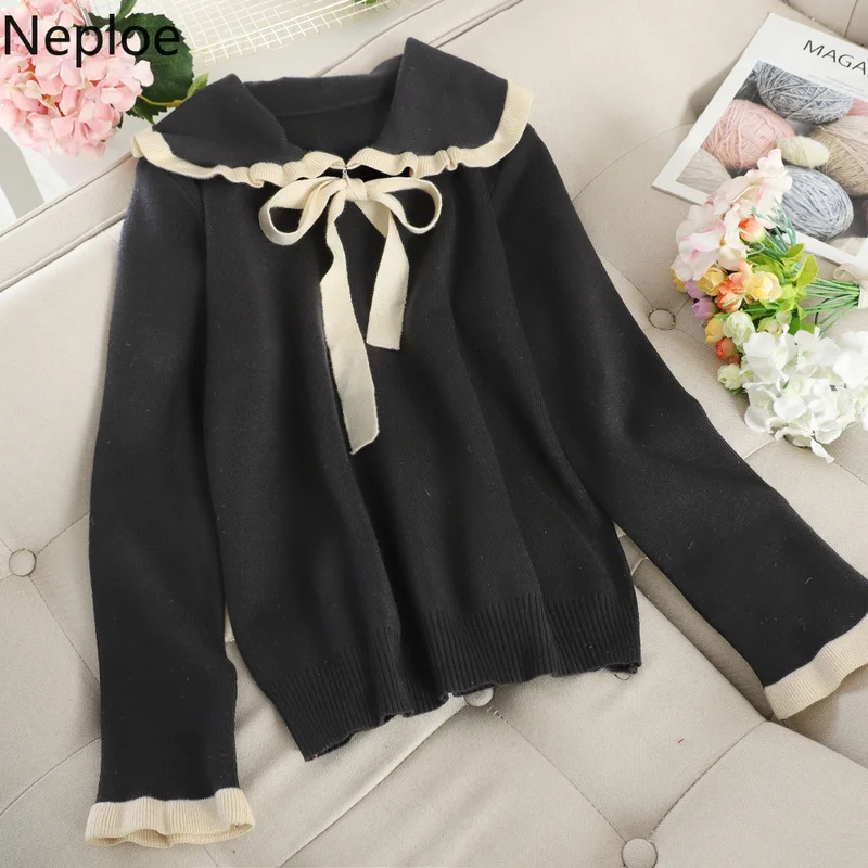 Neploe женский Однотонный свитер с круглым отложным воротником и длинным рукавом