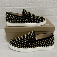 men high top luxury slip on sneaker real cow leather black original quality red bottom spike flat brand designer shoes with box