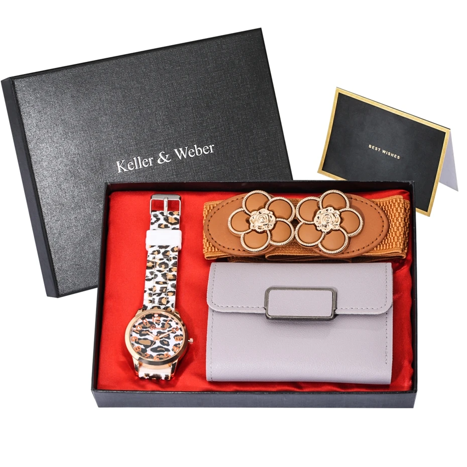 

4pcs/set Geneva Women Watch Leopard Printing Silicone Band Jelly Gel Ladies Quartz Wristwatch Wallet Belt Top Luxury Gifts Sets