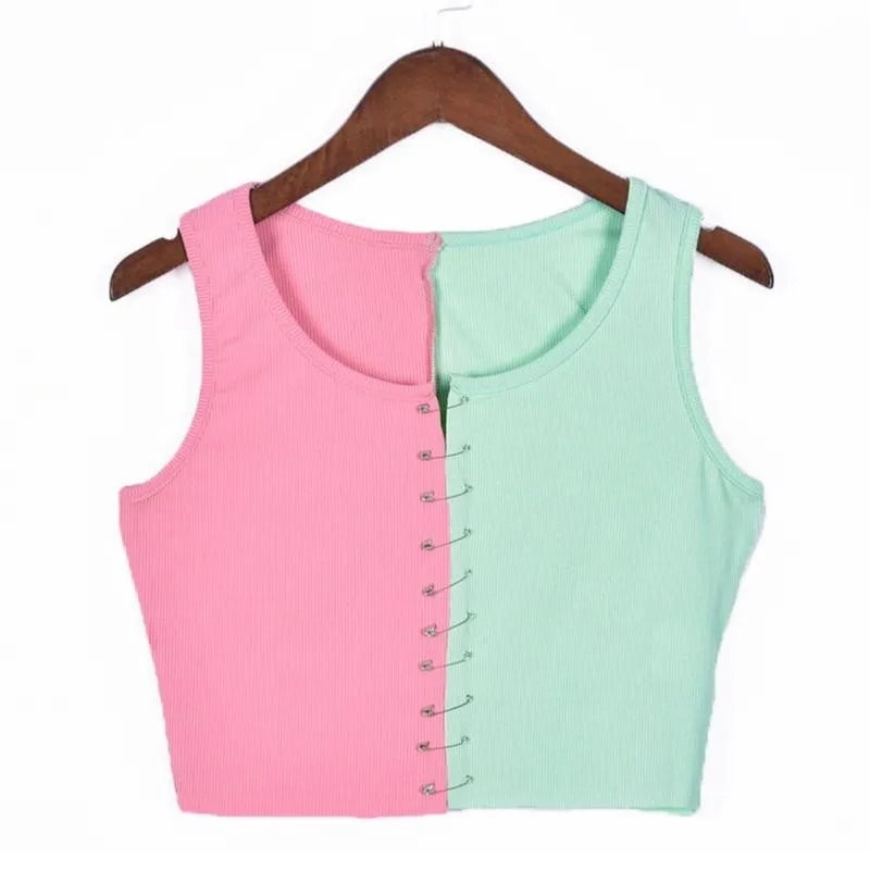 

2021 Sexy Aesthetics Pink Stitch Heart Sleeveless Tank Punk Clips Tops E-girl Top Top Streetwear Hollow O-neck Crop Out Sum I3Z2