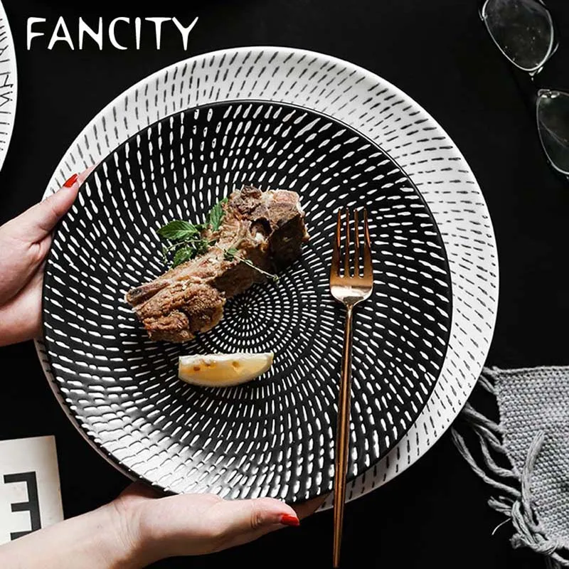 FANCITYJapanese тисненая черная белая тарелка большая круглая Фруктовая для салата