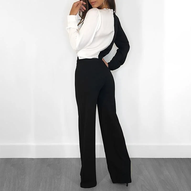 

Black/White Patchwork V-neck Women Jumpsuit 2021 Spring Long Sleeve Tie-up Belted Party Playsuit New Wide Leg Office Lady Romper