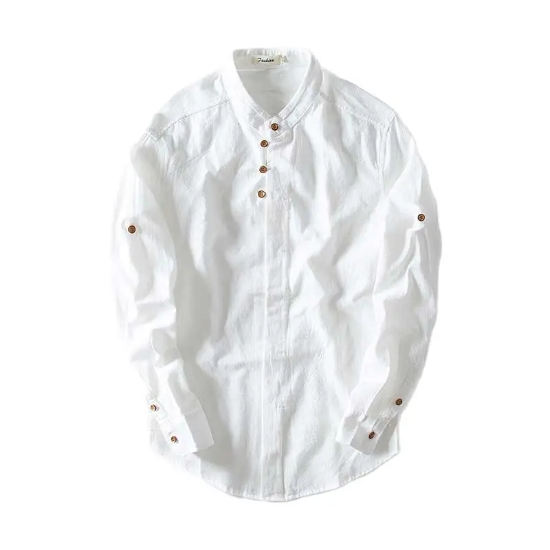Рубашка мужская с воротником-стойкой хлопково-Льняная сорочка длинным рукавом