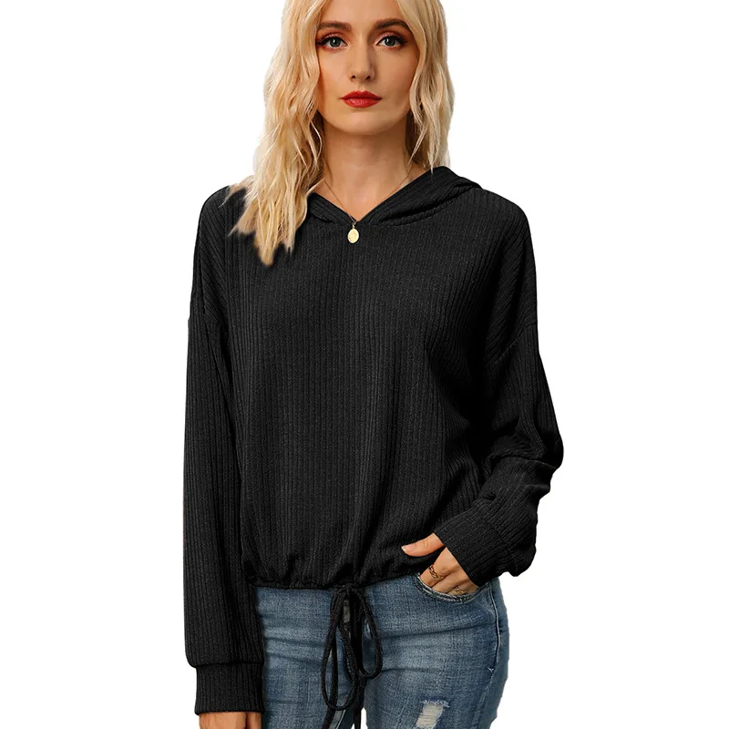 Hoodie Long Sleeve Solid Color Loose Sweatshirt Pit Drawstring Lacing Up Hoodies Women Causal Fashion Sport Women Sweetshirts