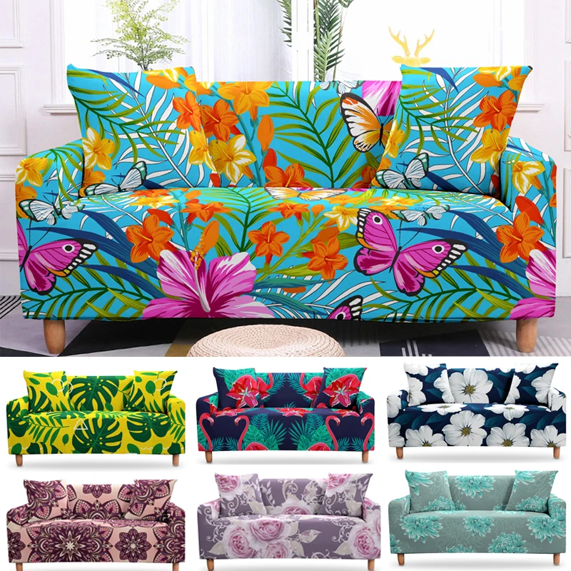 

Stretch Sofa Cover for Living Room Elastic Funda Sillon Butterfly Tropical Leaves Flower Armchair 1/2/3/4 Seaters Couch Cover