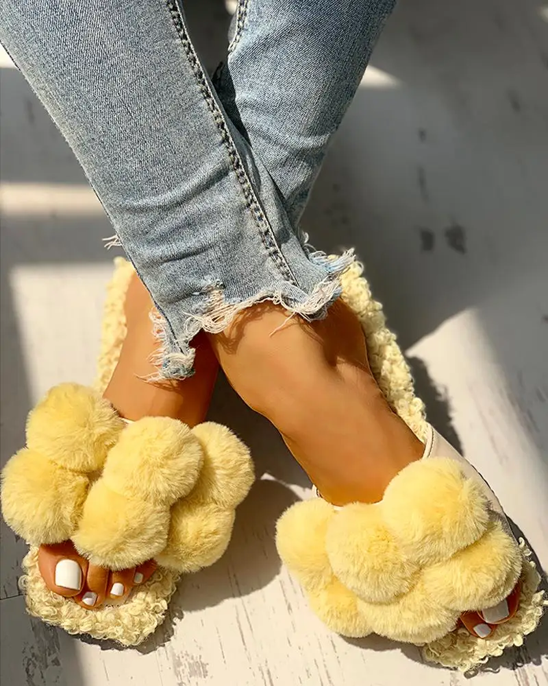 

Villus Fluffy Casual Flat Sandals comfortable open toe home slipper colorful fuzzy cute shoes