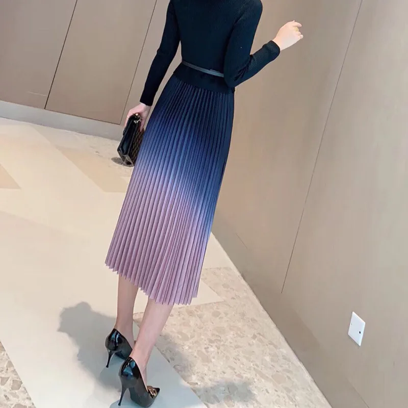 

render long knitted together in long sleeve cultivate morality show thin dress gradient pleated sweater dress