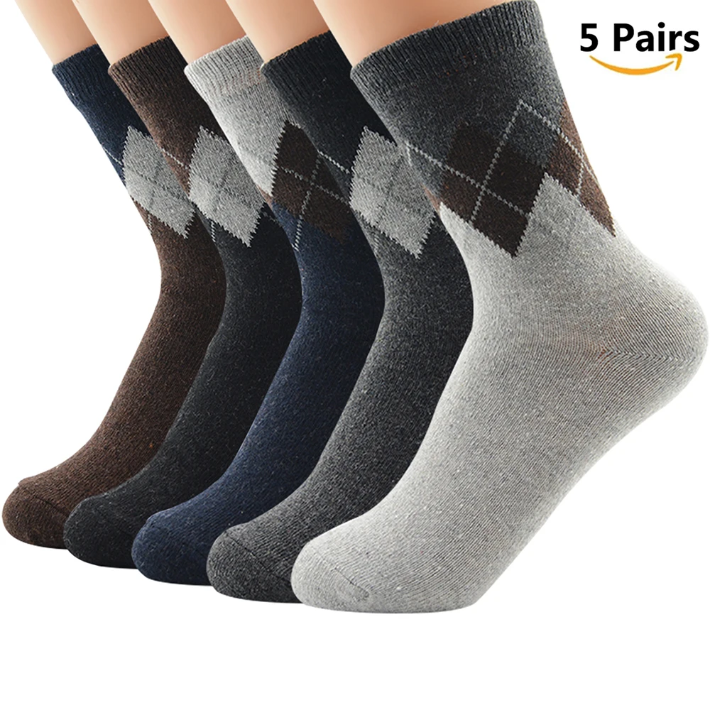 5 Pairs C Мужские носки, шерсть, хлопок, повседневные, высокое качество, бриллиантовый узор, мужские носки, зимние, толстые, теплые, 5 пар, счастливые, дышащие мужские носки - Цвет: 5 Pairs C