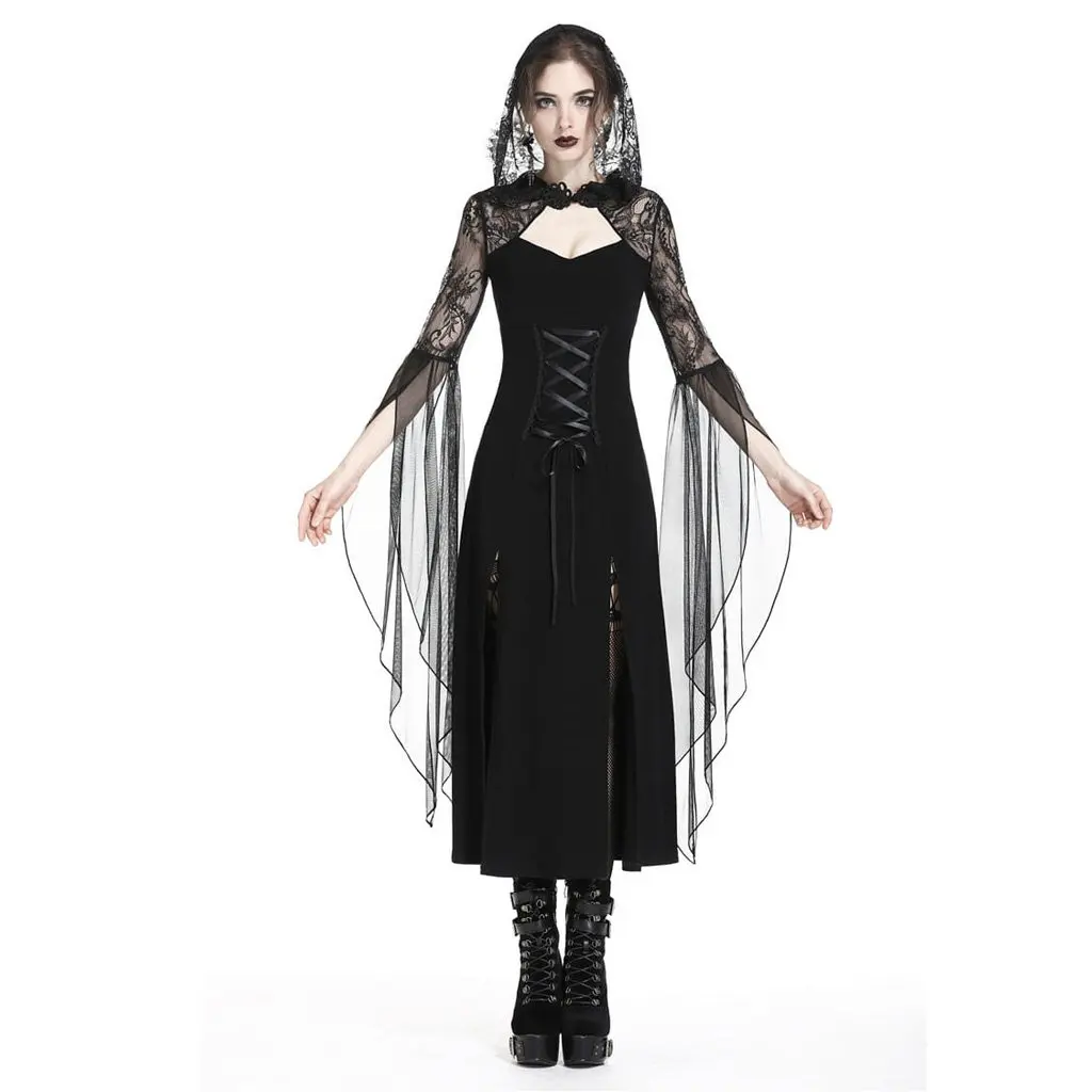 Darkinlove, женское длинное готическое платье, модное, с выемкой, сексуальное, кружевное, вечернее, для вечеринки, платье на Хэллоуин, ведьмы, с капюшоном, длинное платье