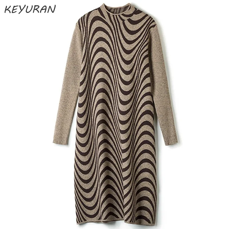 Осенне-зимнее элегантное свободное трикотажное платье с принтом Женский пуловер