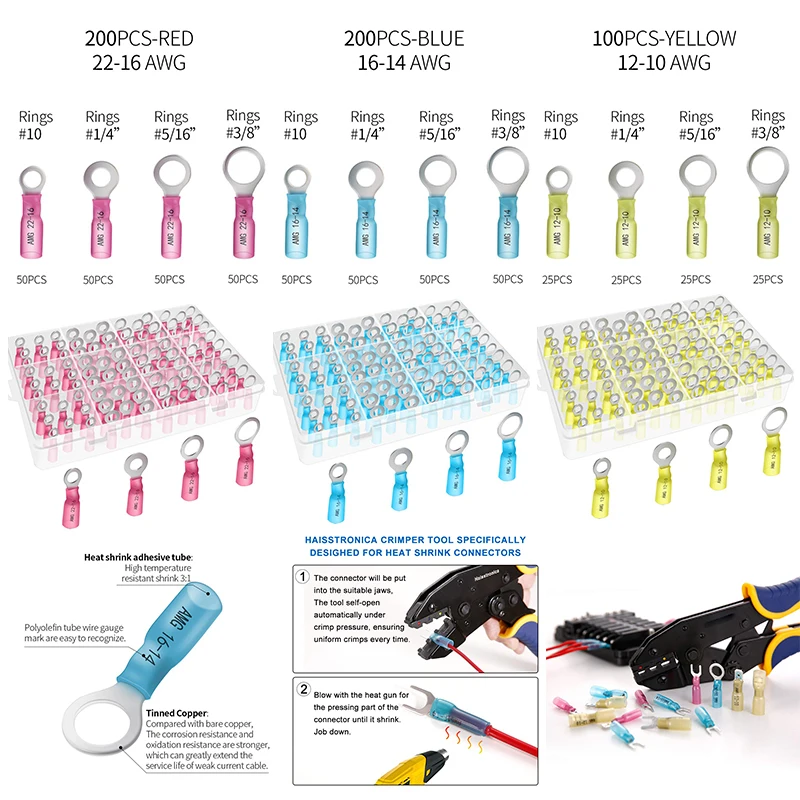 

100/200pcs Red,Blue,Yellow Ring Terminal Connectors Kit- 4,Insulated Crimp Terminals Set for Automotive,Electrical