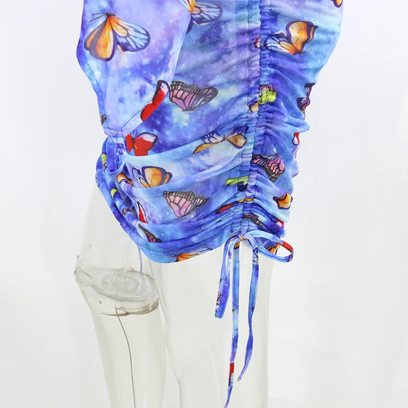 Женское прозрачное короткое платье с цветочным принтом длинным рукавом и