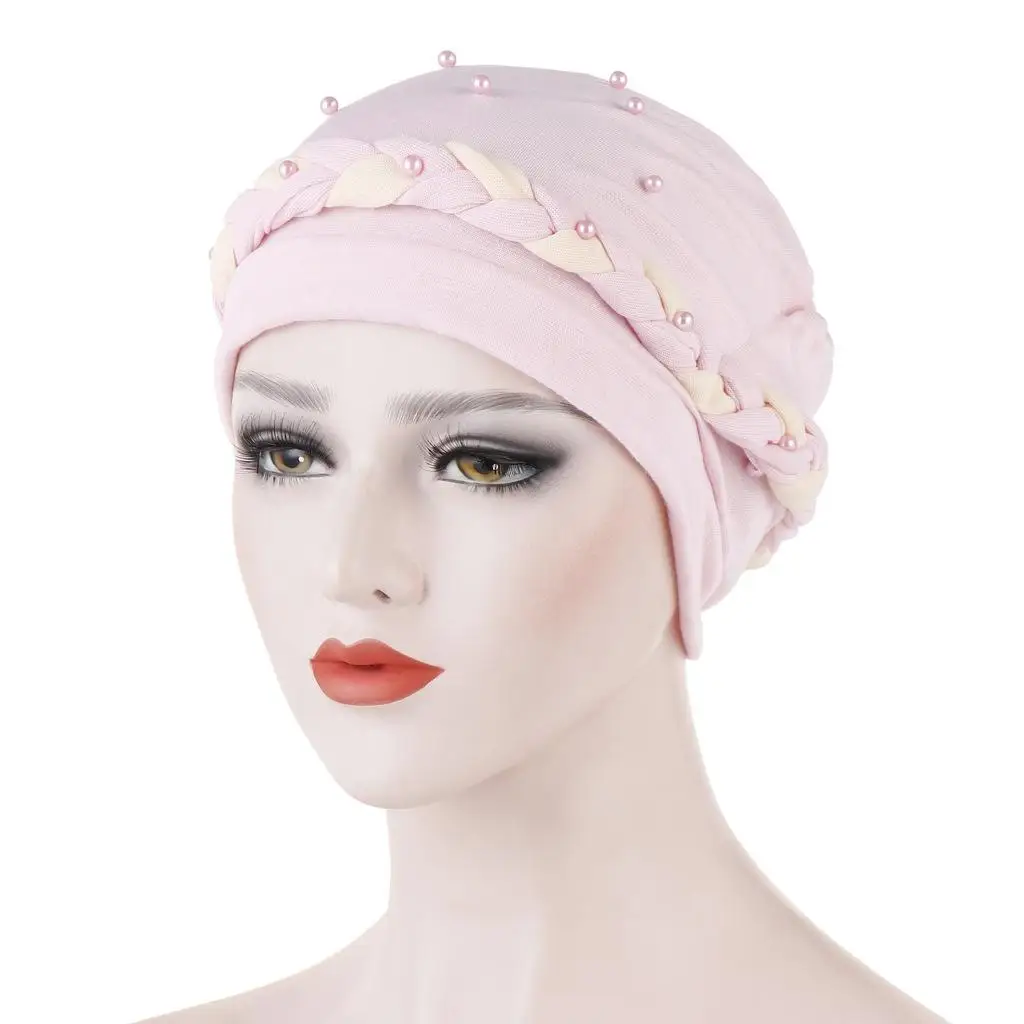 Light Pink Мусульманская женская индийская шапочка-тюрбан, бусы, коса, рак, химиотерапия, головной убор, шапка, Арабская шапка, Исламская облегающая шапка, шапка для выпадения волос, модная шапка - Цвет: Light Pink