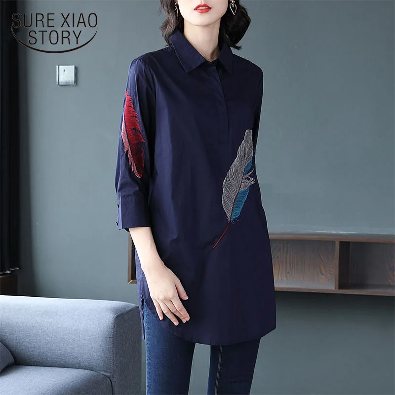 100% хлопок размера плюс белая длинная блузка с 3/4 рукавом свободные белые блузки и