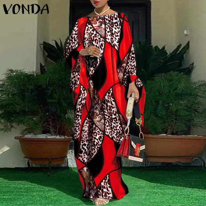 

Vintage Printed Pleated Women Dress 2022 VONDA Autumn Casual O Neck Flare Sleeve Vestidos Loose Fall Sundress Spring Maxi Robe
