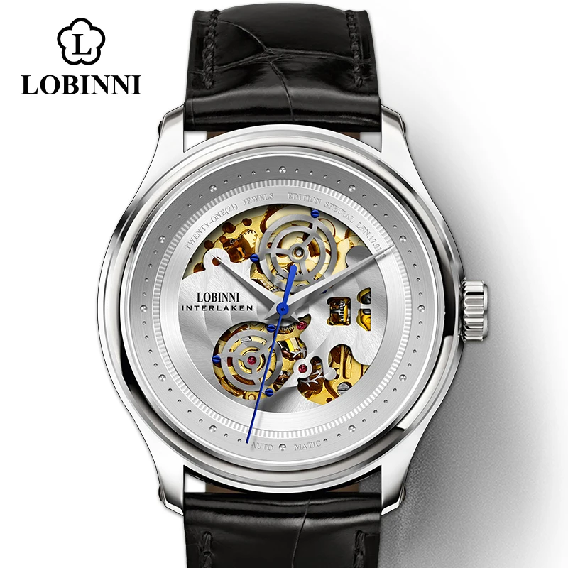 Часы скелетоны Lobinni Мужские автоматические водонепроницаемые механические с