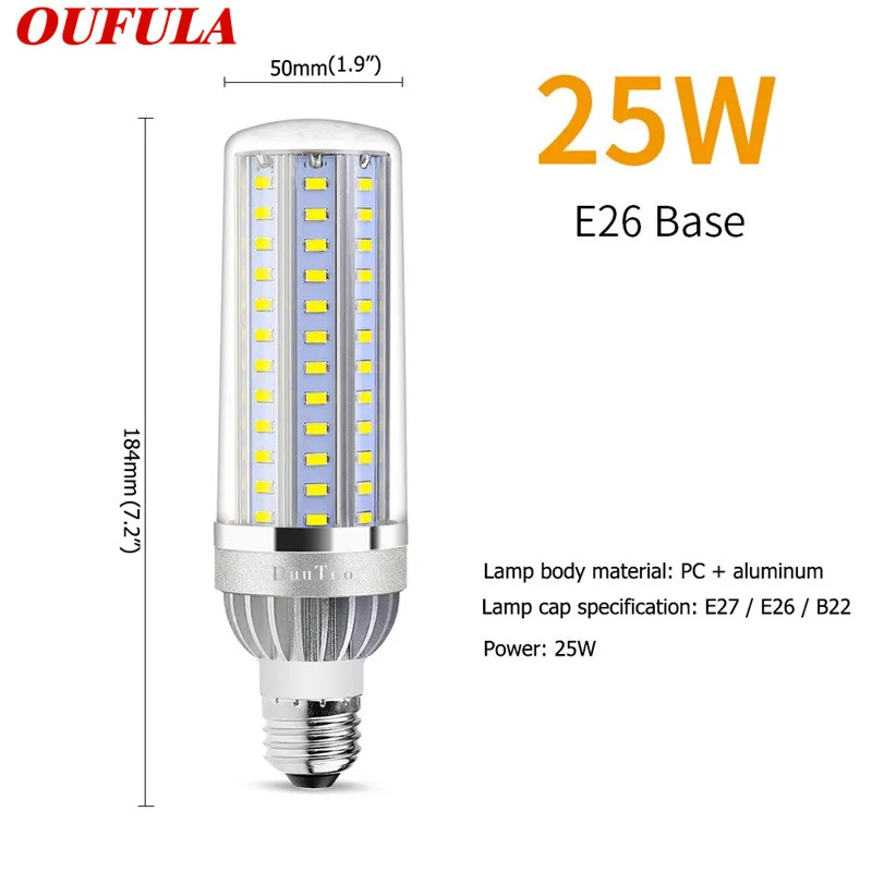 

OUFULA Led Corn Light E27 E26 110V Energy Saving Lamp 5730 SMD With Spiral Fan 25W Street Light 85-265V