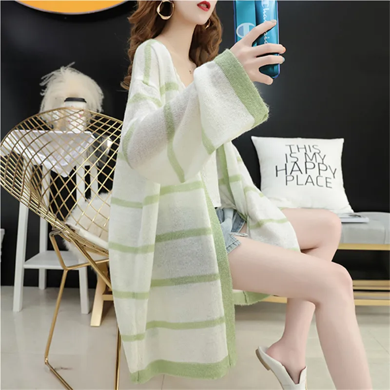 

Кардиган женский в полоску, свободный трикотажный Повседневный свитер средней длины с длинным рукавом, тонкий вязаный жакет