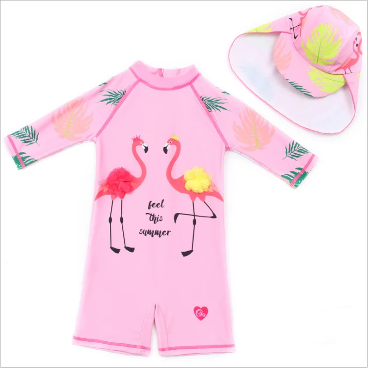 Детский слитный купальник с фламинго и надписью для маленьких девочек Модный