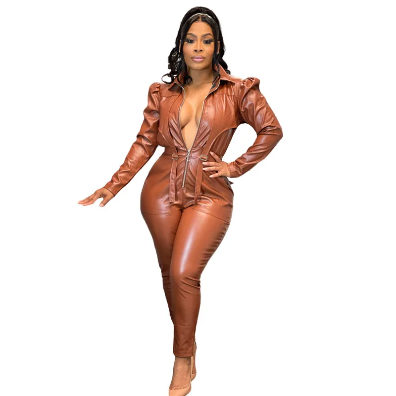 

Women Fashion Long Faux Leather Jumpsuit Full Sleeve Lapel Zipper Skinny Bodysuit for Female Streetwear One Piece Clothing