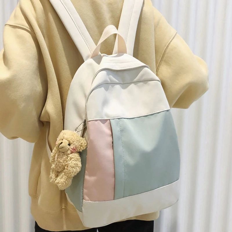 

Contrast Stitching Canvas Women's Backpack Fashion Youth Student School Bag 15.6-Inch Laptop Bag Travel Bag White