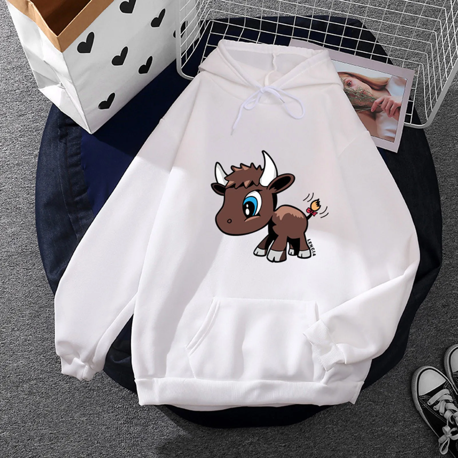 

Cute Calf Pattern Hooded Sweatshirt For Womens Loose Long Sleeve Pullover Tops Drawstring Hoodies Harajuku Streetwear A40