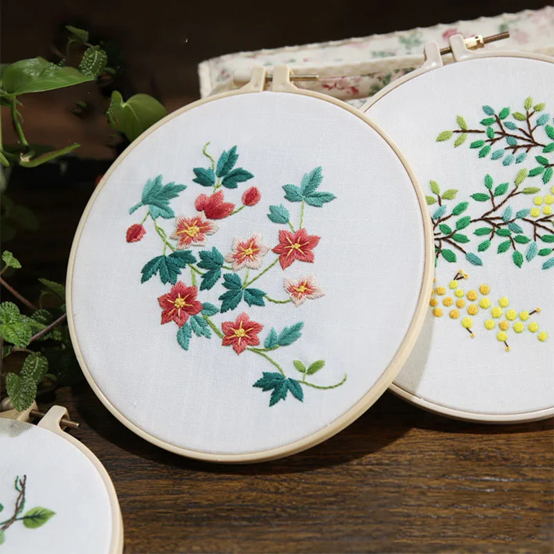 

DIY Embroidery Craft Starter Kit Flowers Plants Pattern Embroidery Needlework Tools Printed Embroidery Fabric Round Embroidery