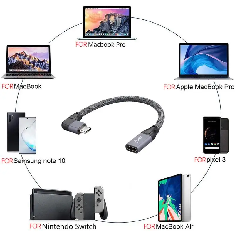 

100W PD 5A Curved USB3.1 Type-C Extension Cable 4K @60Hz 10Gbps USB-C Gen 2 Fast Charging Data Extender Cord For Macbook
