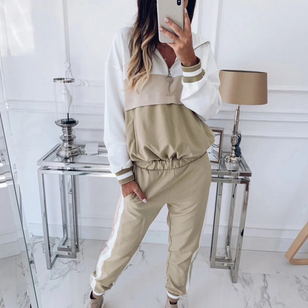 2019 Women Tracksuits Sets 2Pcs Running Sportswears Zipper Hoodies Patchwork Tracksuit Female Long Sleeve Sweatshirt Pant | Спорт и