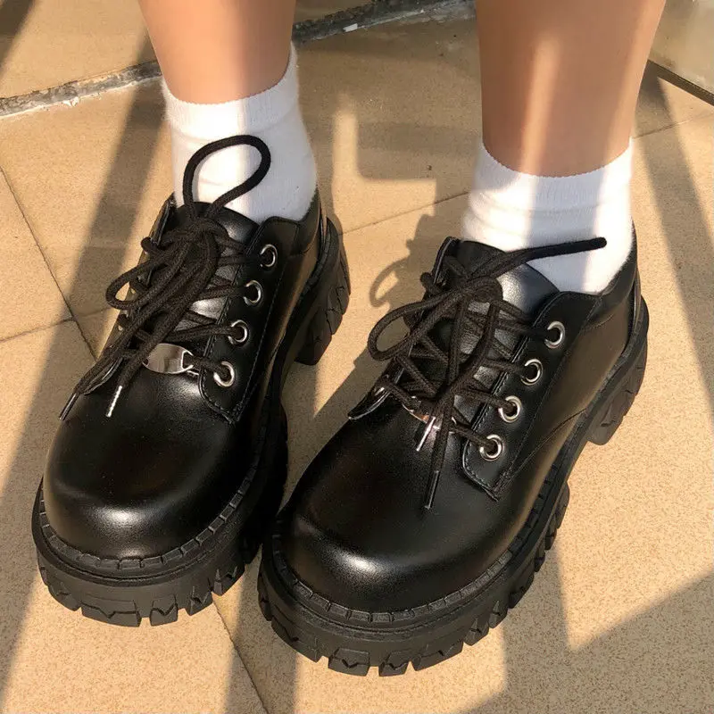 

Women Oxfords 2021 Spring Autumn Casual Platform Shoes Black Lace Up Leather Shoe Sewing Fashion Round Toe Chunky Sole Flats