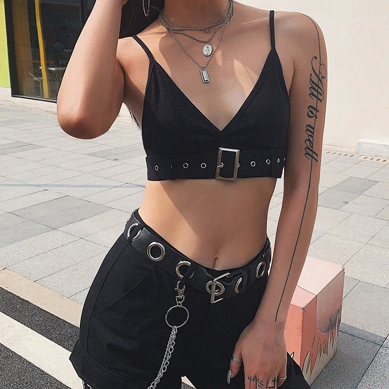 Черный укороченный топ в стиле панк с металлической пряжкой женские сексуальные