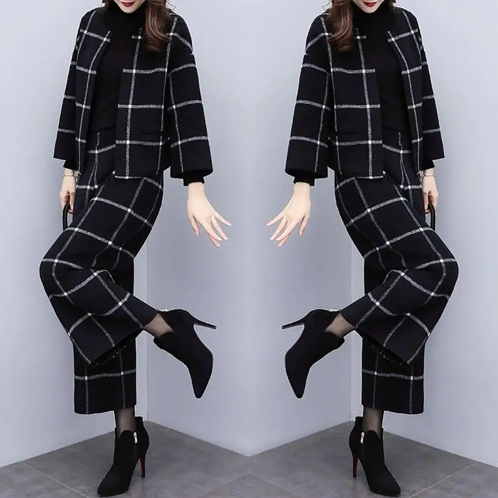 2 шт./компл. Осеннее женское клетчатое Короткое шерстяное пальто с круглым