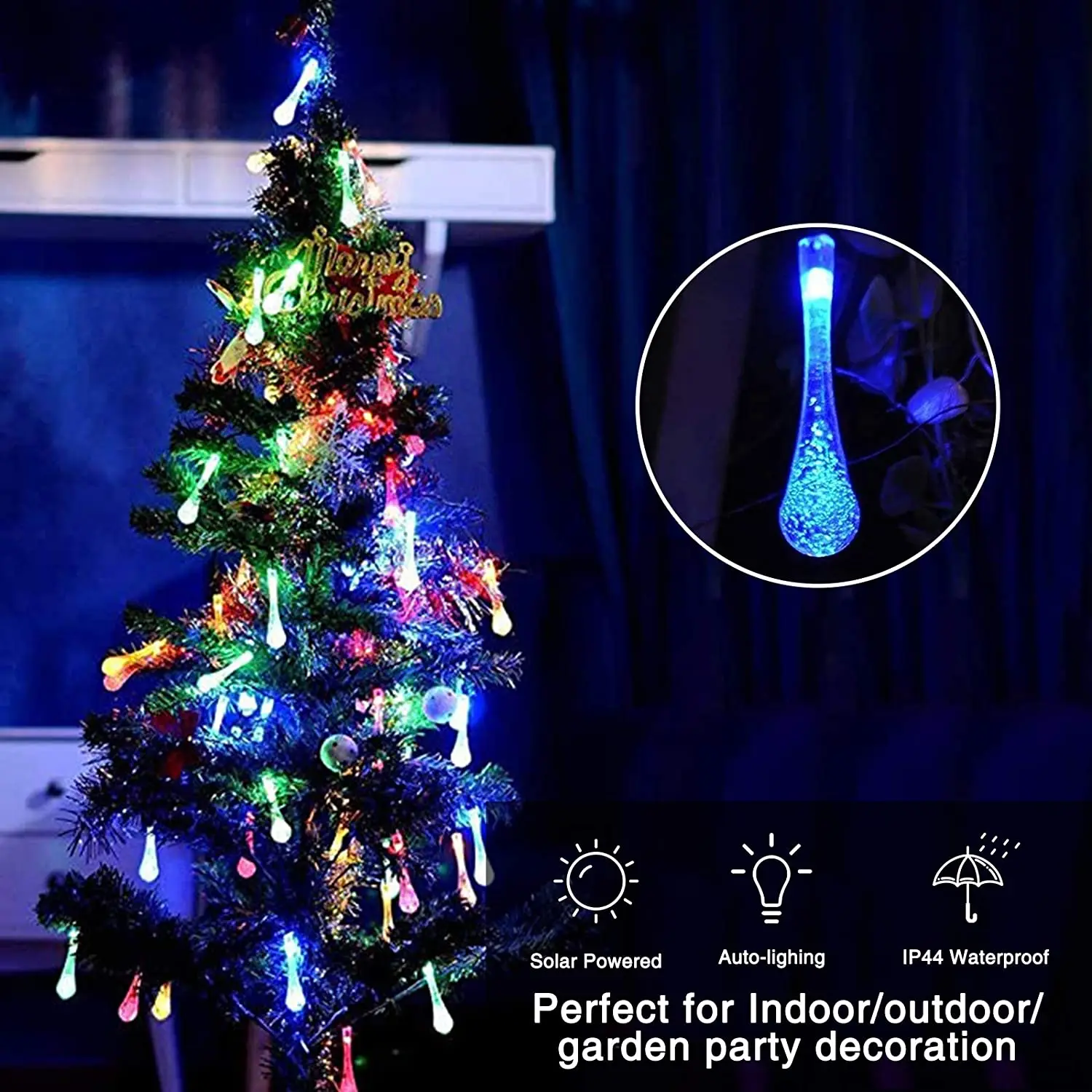 

Solar String Lights Outdoor Waterproof Light Multi Color Waterdrop Lighting for Christmas Garden Patio Indoor Party Decoration
