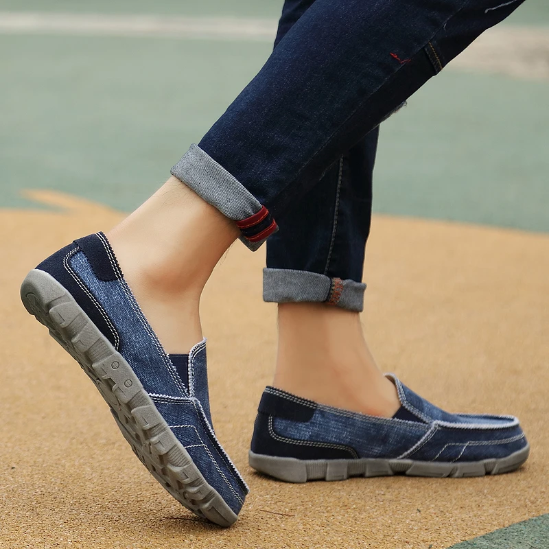 Blue Denim Shoes Men Canvas Large men's ribbed sole no shoelace odor-proof extra Size in Summer Jeans | Обувь