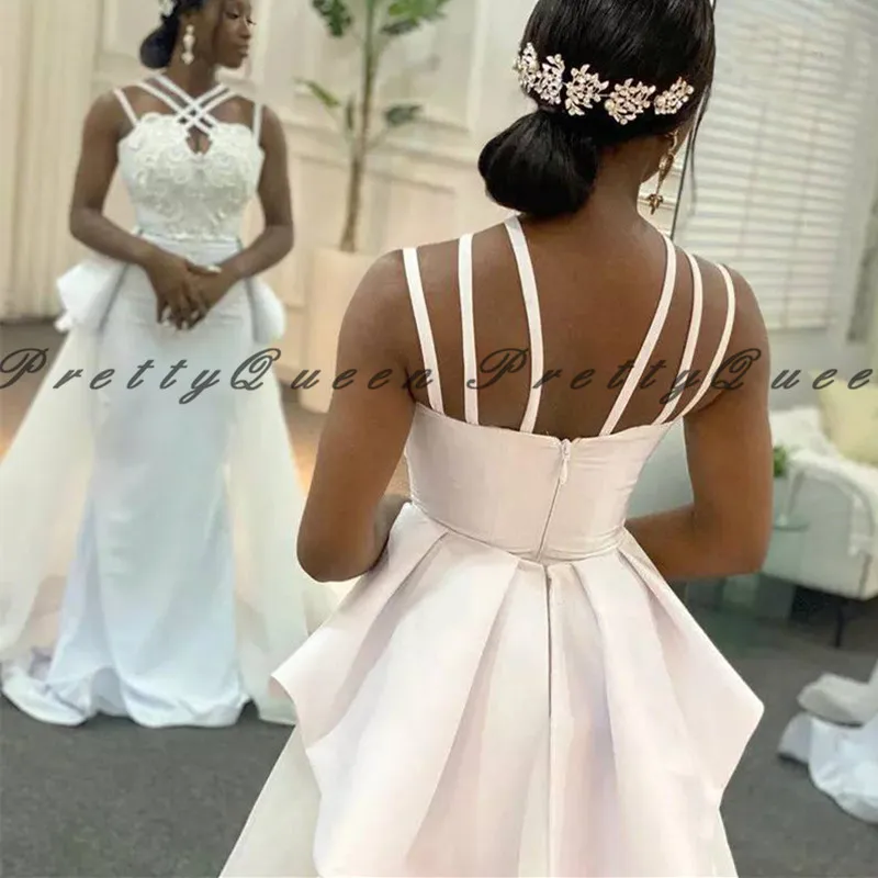 

White Satin Wedding Dress WIth Appliques 2020 Criss Cross Neck Overskirt Long A Line Bridal Dresses Formal Vestidos De Novia