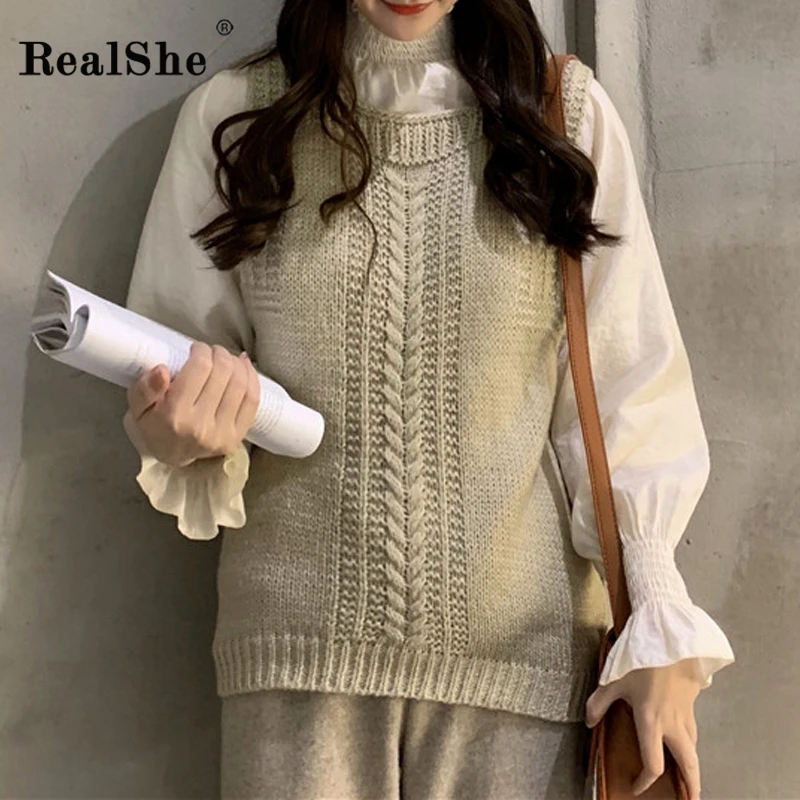 RealShe женский Однотонный свитер с круглым вырезом без рукавов Женский пуловер