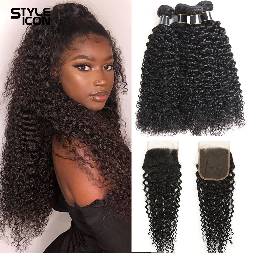 Brazilian Curly Hair Bundles With Closure Kinky Hair Weaving With Lace Closure 8-30 Inches Kinky Curly Human Hair With Closure