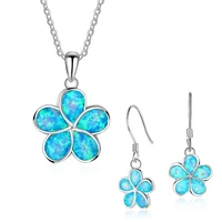 cute women flower blue imitation fire opal necklace with earrings for women accessories fashion jewelry set lover gift