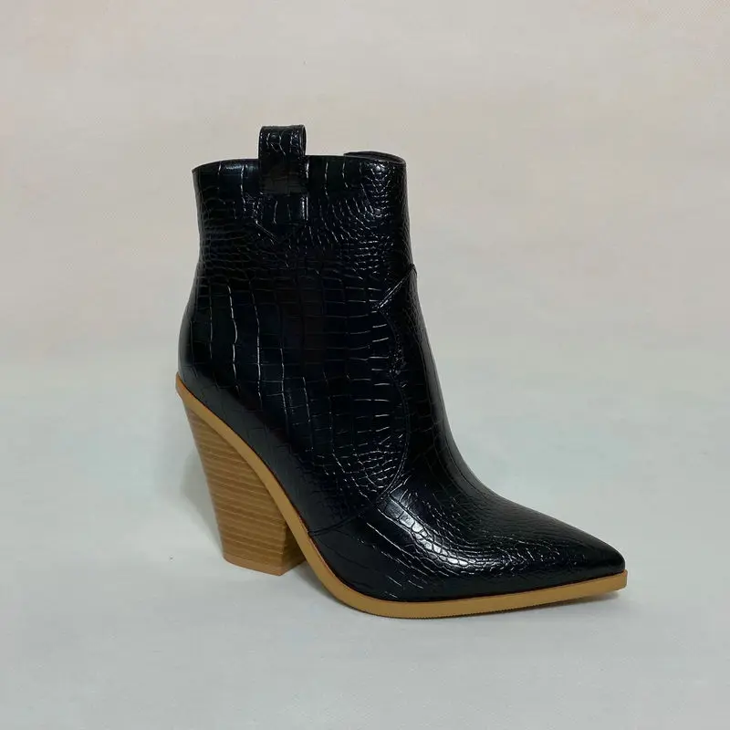 Fashion Ankle Boots Women Faux Leather Wedges High Heels Western Boots Pointed Toe Zipper Autumn Winter Short Boots Woman Shoes